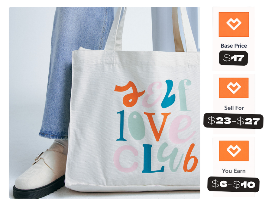 model with a custom tote bag with example of base price, sell price, and margin for product